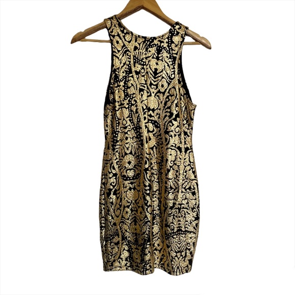 Carina Black and Gold Filigree Baroque High Neck Bodycon Cocktail Dress - Picture 7 of 15